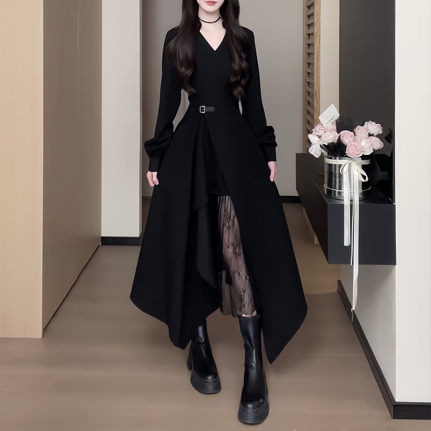 【dress】レースドッキングイレヘムワンピース　N3296