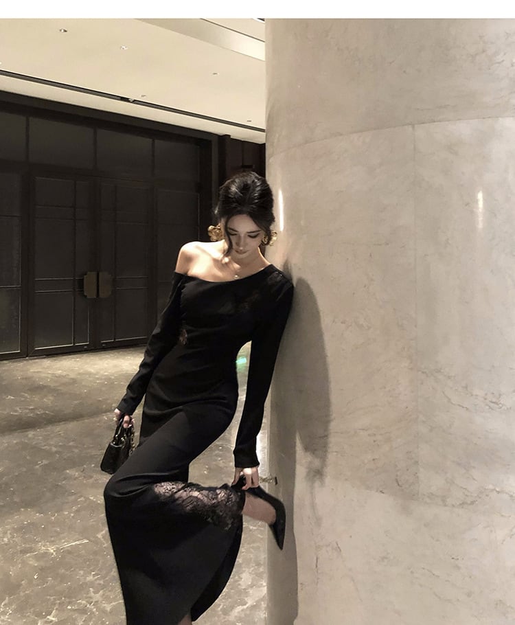 【dress】オフショルダーレース切り替えワンピース　M28707