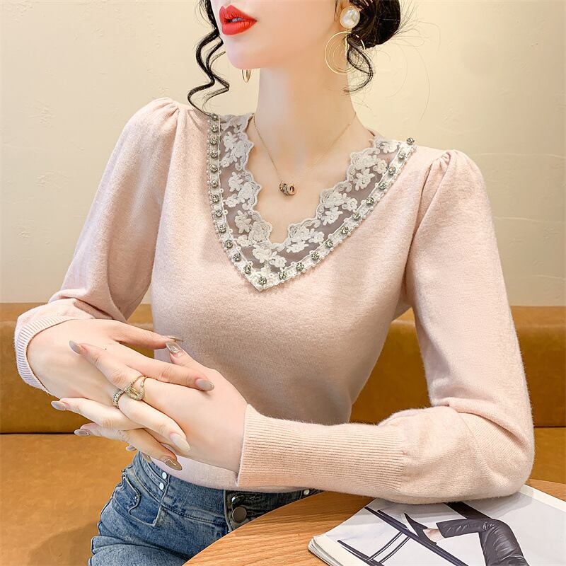 【tops】Vネックレース切り替えニットトップス　M28260