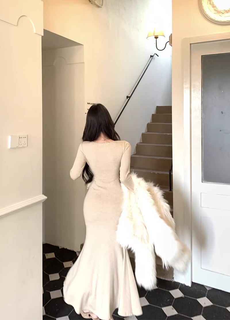 【dress】クロスネックロングニットワンピース Q8113