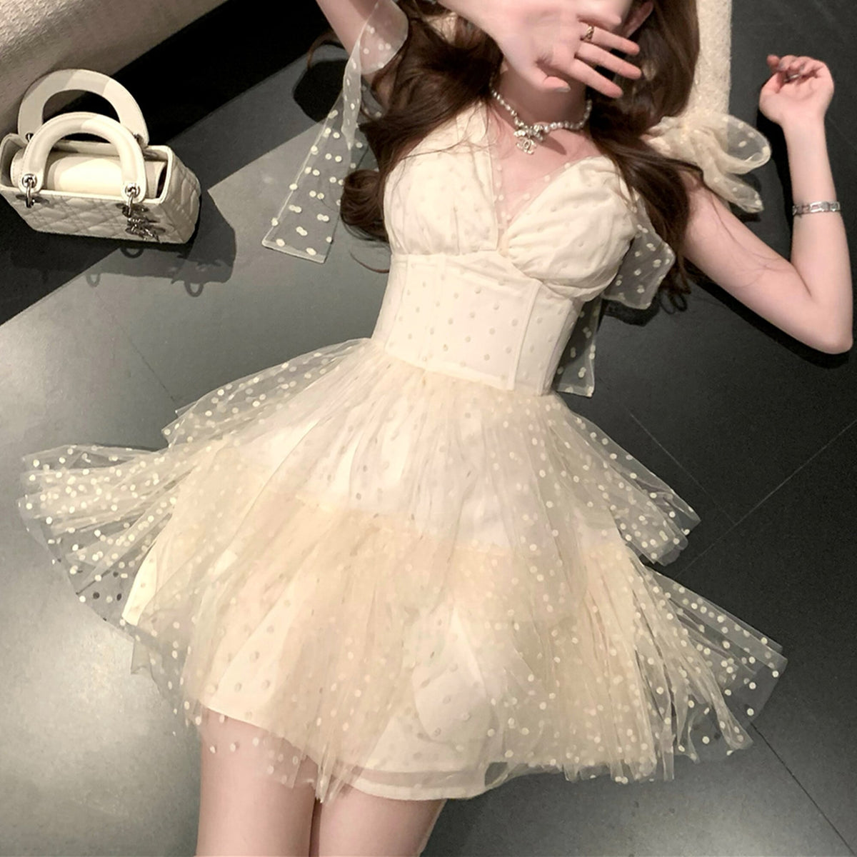 【dress】ショルダーリボンチュールワンピース　M31301