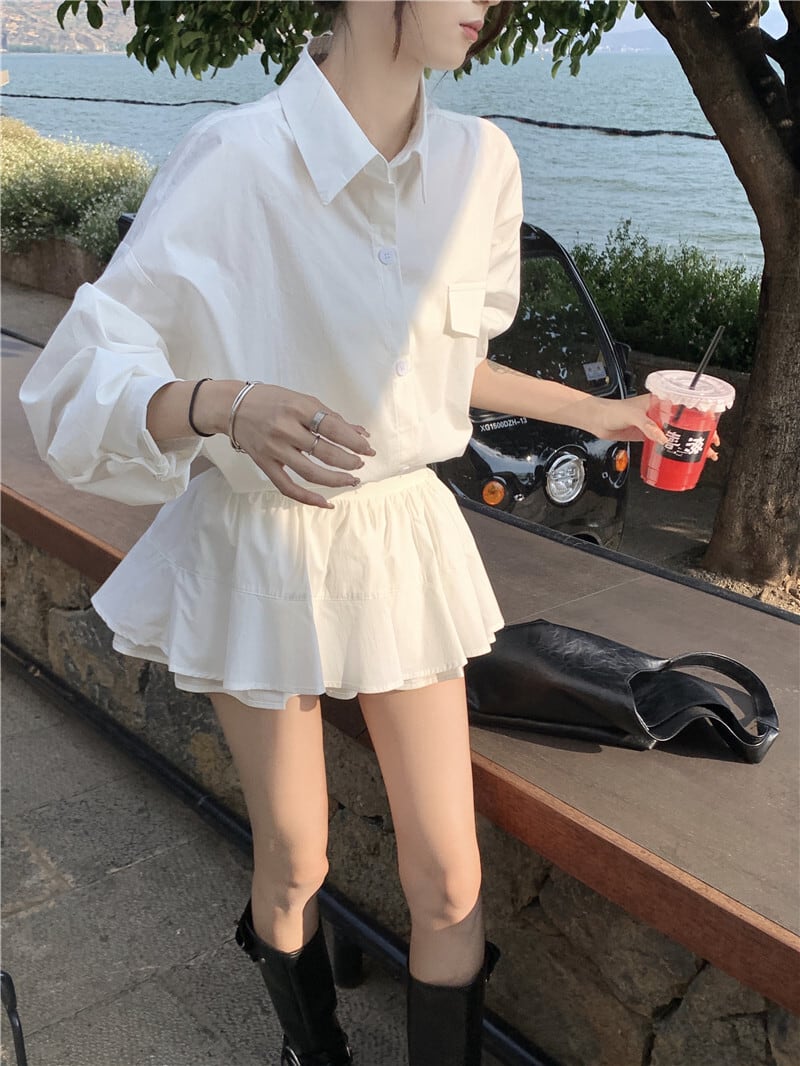 【set】POLOネックブラウス+スカート２点セットG21434