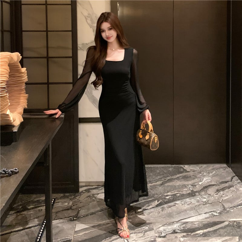 【dress】チュールドッキングロングワンピース Q7872