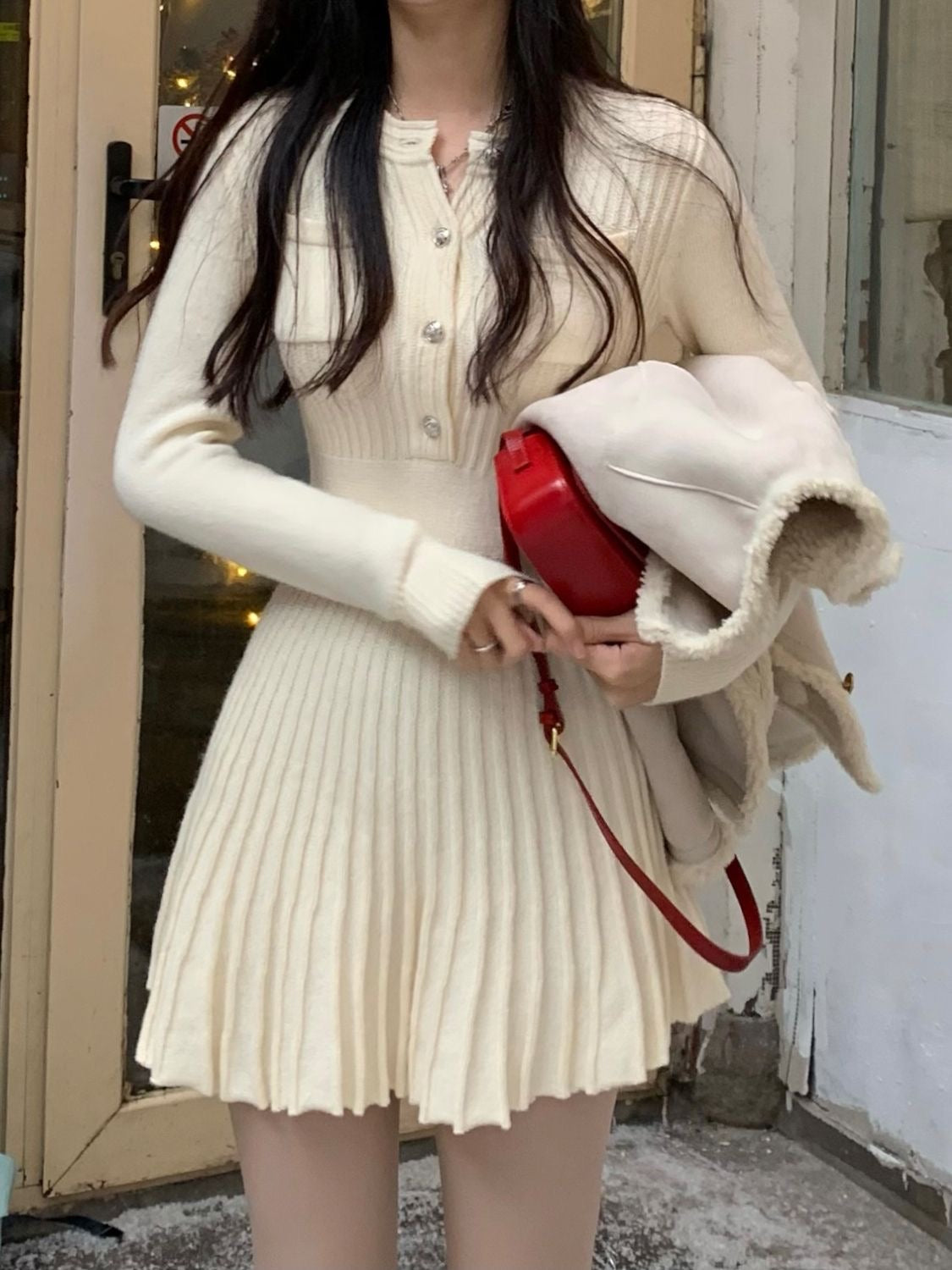 【dress】長袖AラインニットワンピースF8057