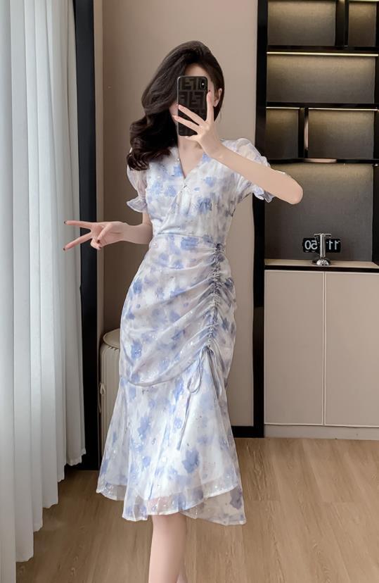 【dress】Vネック半袖マーメイドワンピースF7407