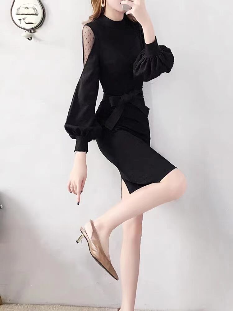 【dress】オシャレ度満点〜韓国風INS風長袖切り替え蝶々結び韓国ファッション無地タイトワンピースF3399