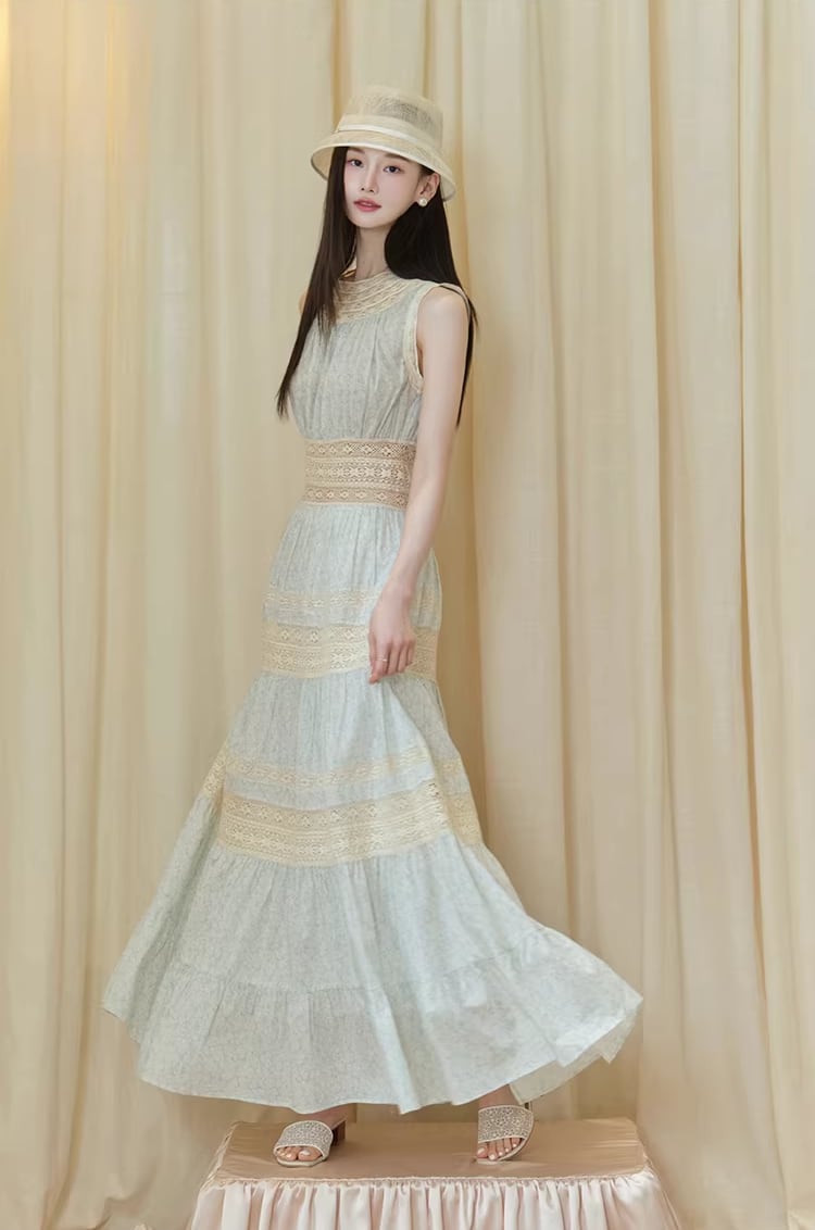 【dress】レースドッキングロングワンピース Q8386