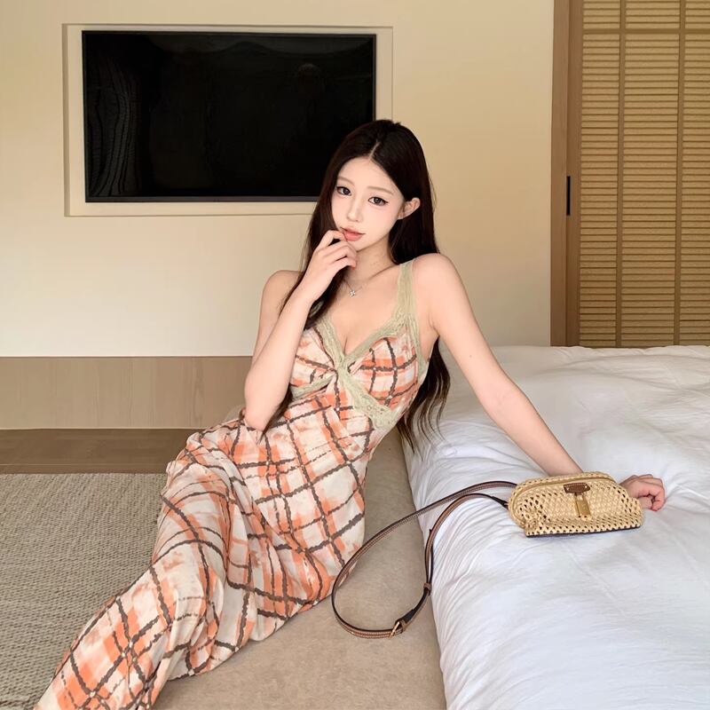 【dress】チェック柄ロングキャミワンピース Q8206