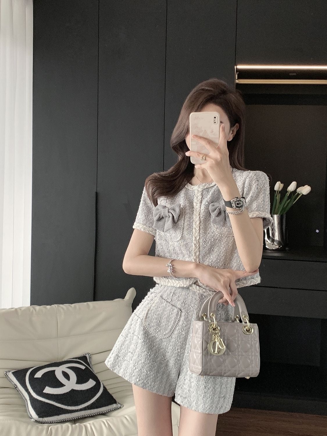 【set】ボウタイトップス+ショートパンツ2点セットF7467