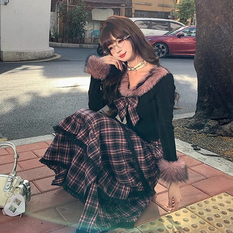 【set】リボン付きファードッキングトップス×ロングティアードスカートセット Q7623