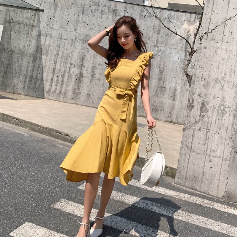 【dress】好感度UP!気質満点着痩せドローストリングフリルマーメイドワンピース