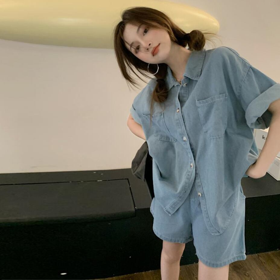 【set】デニムブラウス+ショートパンツ２点セットG21288