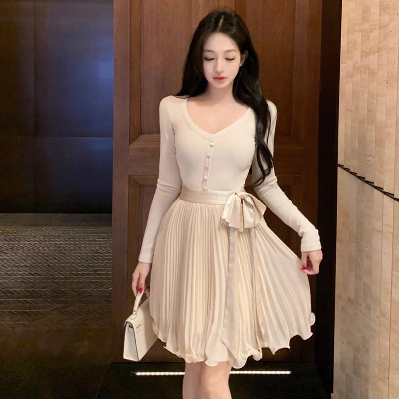 【dress】リボン付きプリーツニットワンピース Q7283