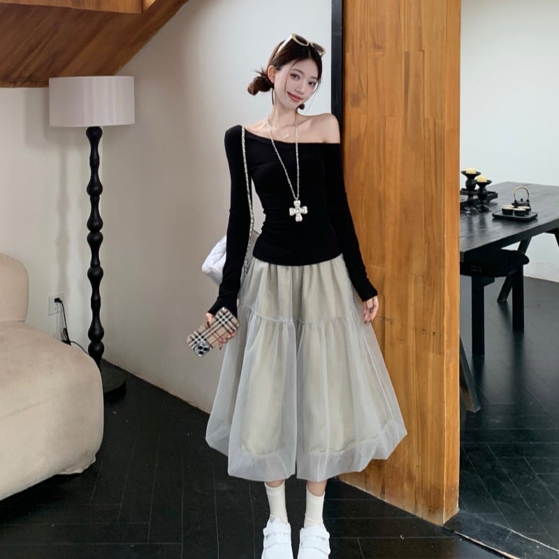 【set】オフショルダー長袖Tシャツ+スカートセット　M29862