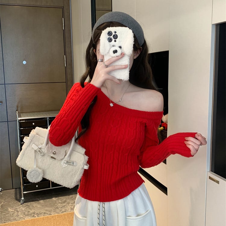 【tops】オフショルダーニットトップス　M28411