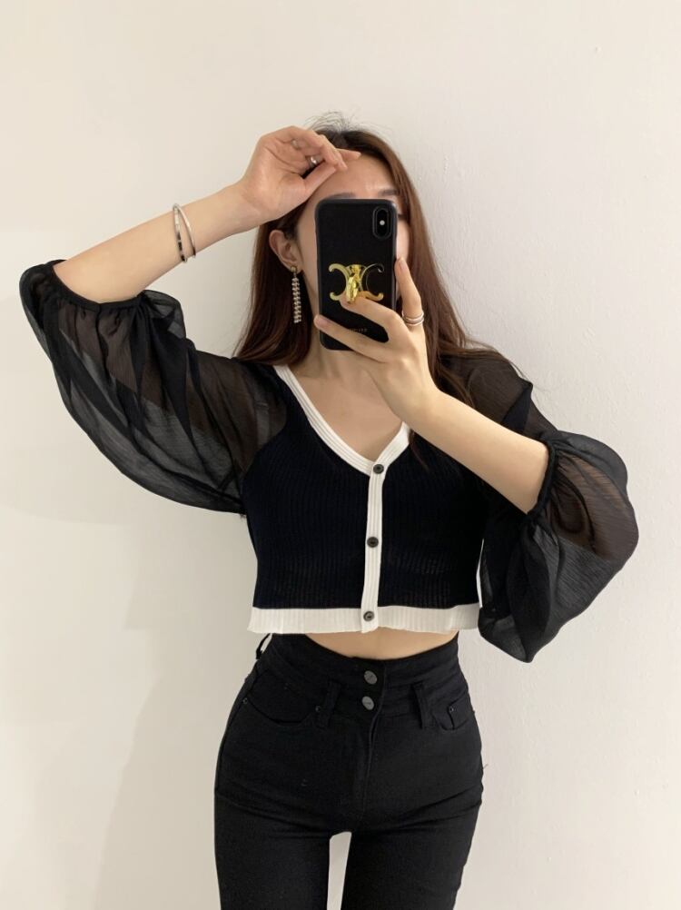 【tops】Vネック ランタンスリーブ切り替えトップスニット G15684