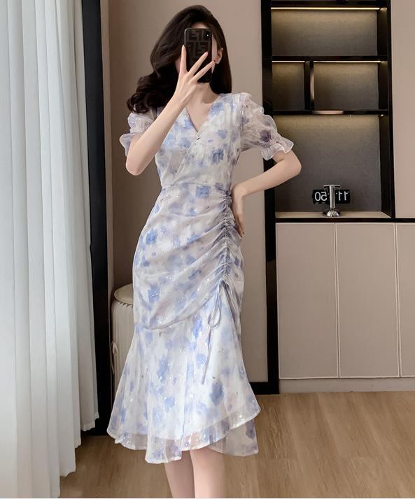 【dress】Vネック半袖マーメイドワンピースF7407