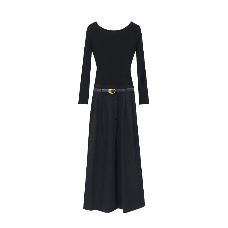 【dress】ベルト付きニットドッキングロングワンピース Q8926