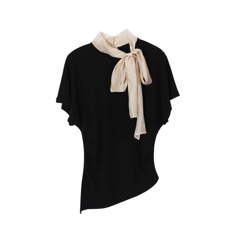 【tops】スカーフネック半袖ニットトップス Q8943