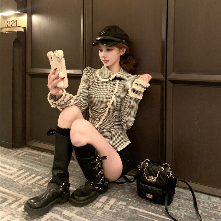 【tops】裹起毛チェック柄シャツトップス　M28587