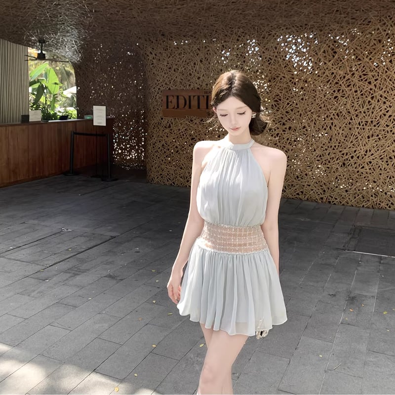 【dress】ビーズ付きノースリーブチュールミニワンピース Q8406