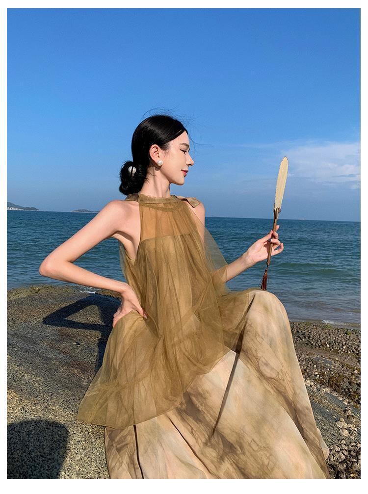 【dress】メッシュ偽二つ切り替えワンピース G20432