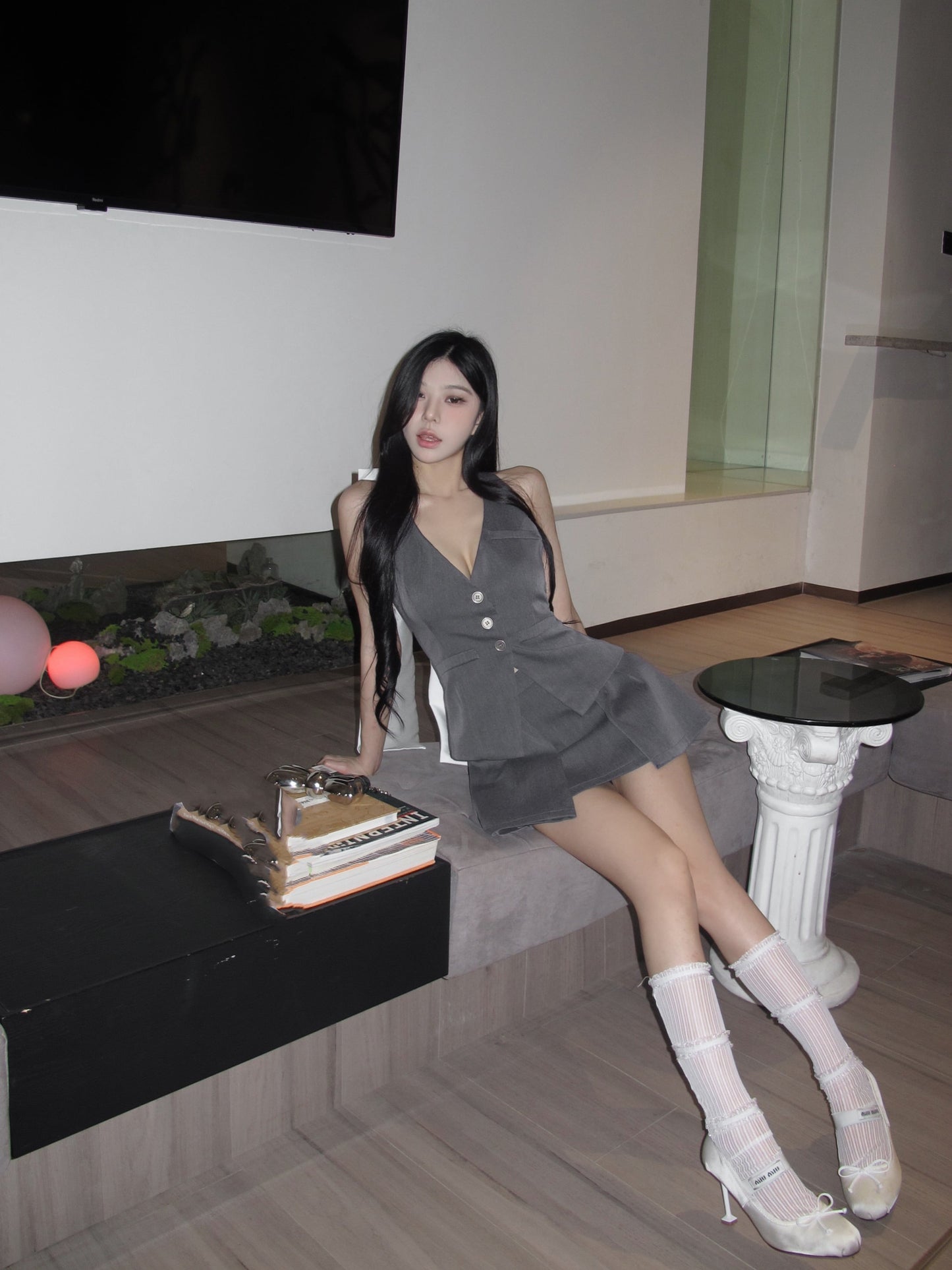 【set】リボンホルターネックチョッキ+スカート２点セットG21404