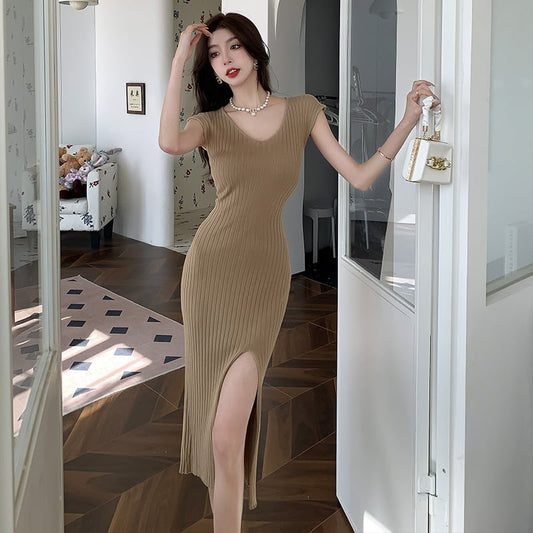 【dress】Vネックニットスリットワンピース G21278