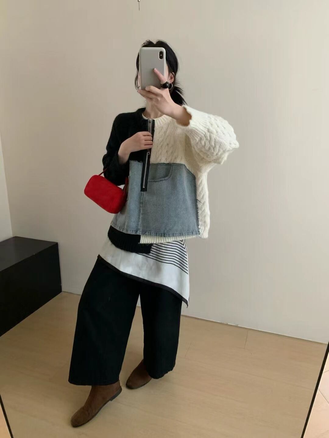【tops】デニム切り替えニットトップス　N3288
