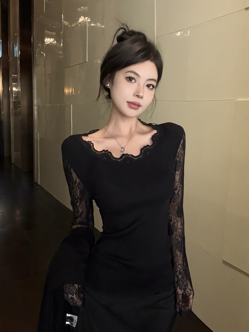 【tops】レース切り替えニットトップス　M27945