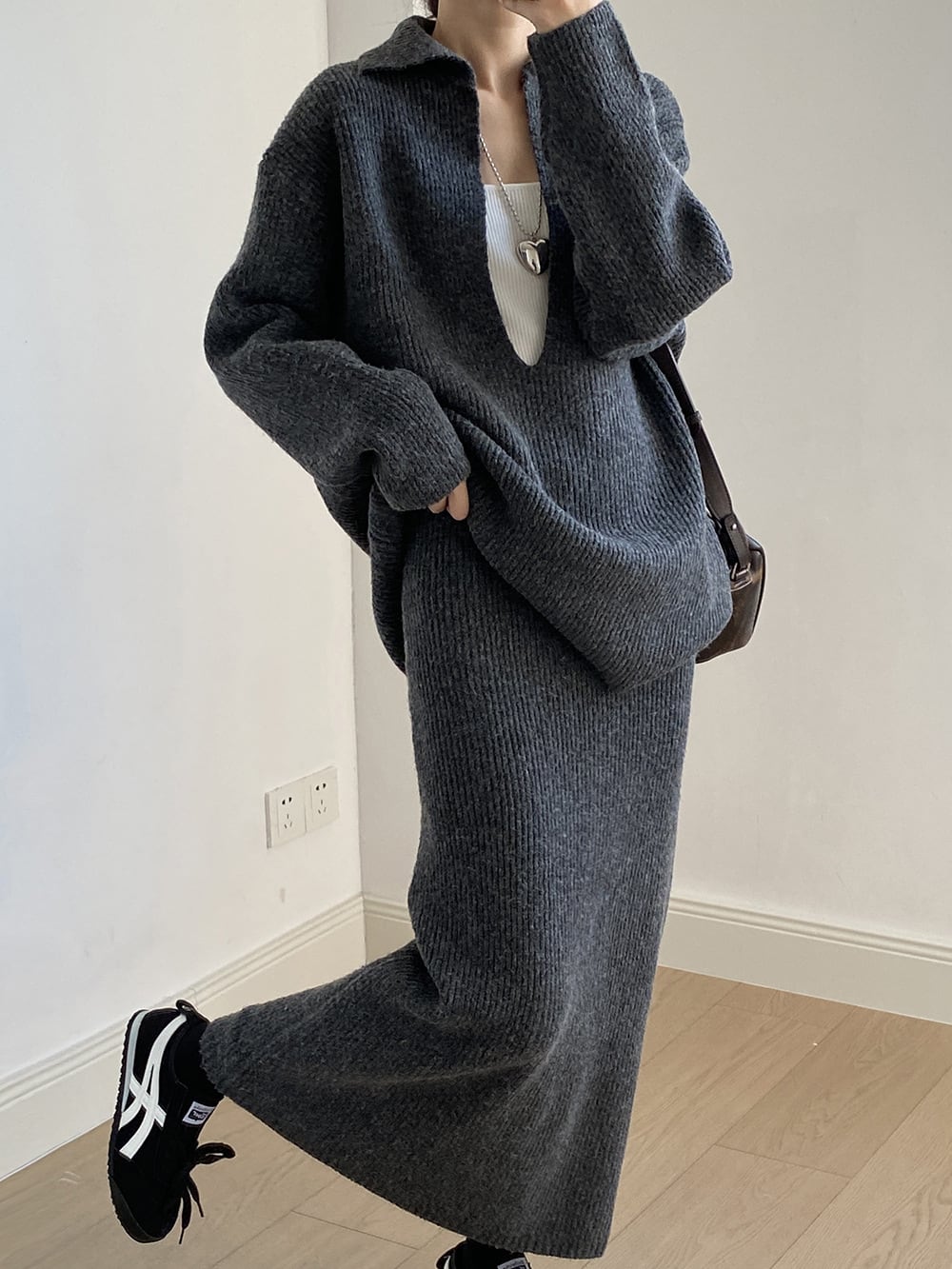 【set】Vネックニットトップス×ロングスカートセット　N3441