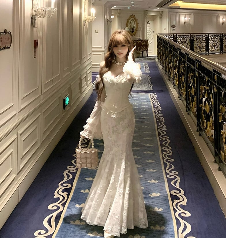 【set】ベルスリーブレーストップス×マーメイドスカートセット N3414