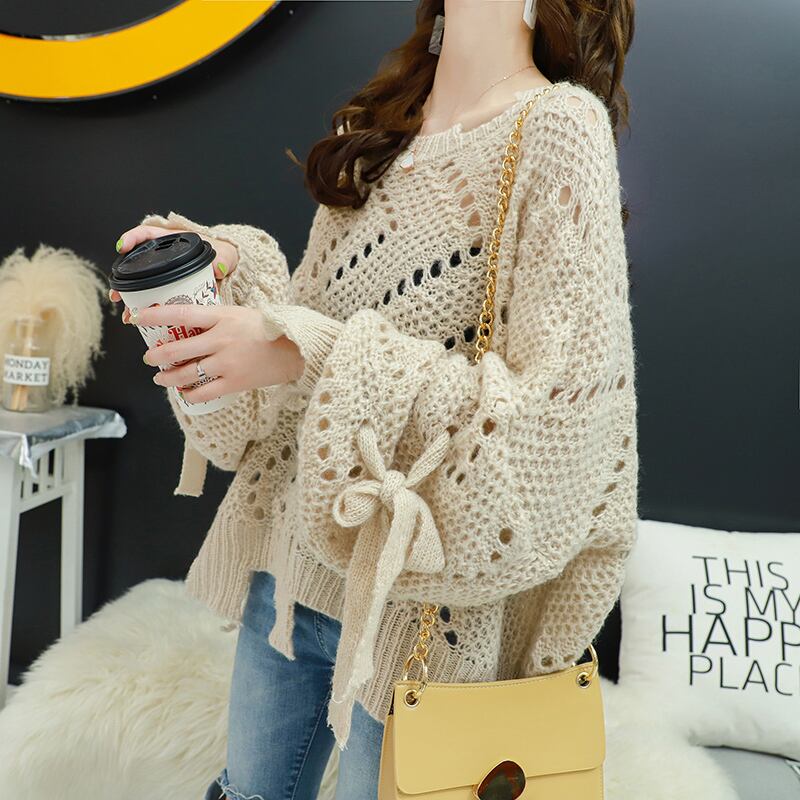 【tops】韓国ファッション3色ラウンドネック長袖透かし彫り薄手ニットセーターF0634