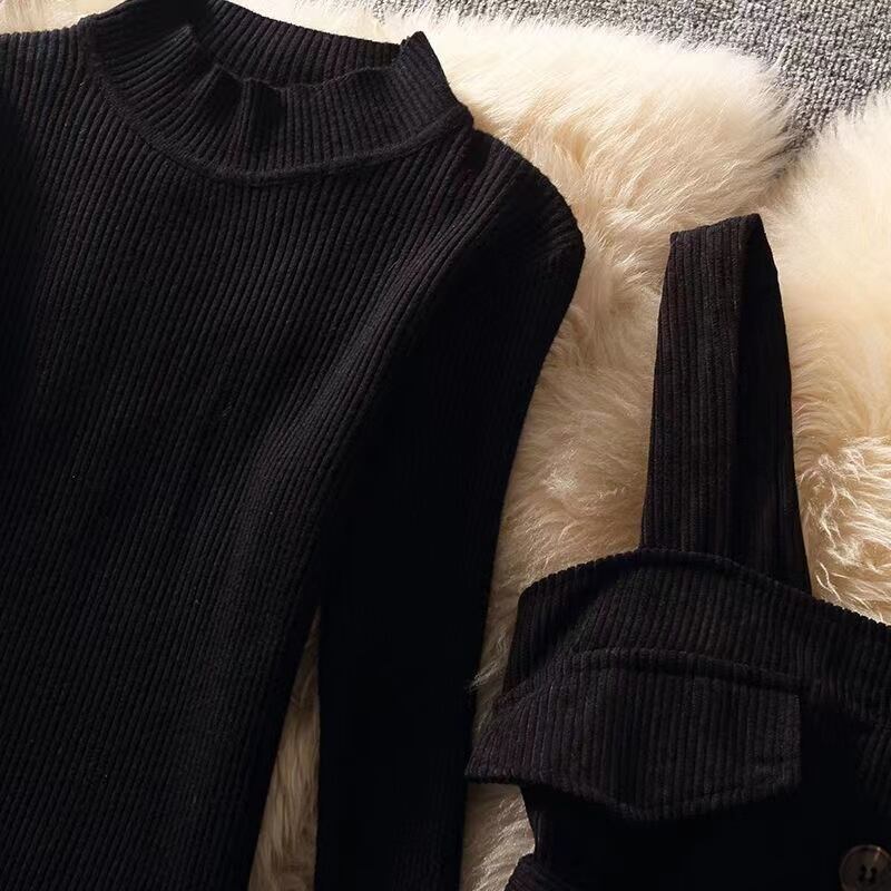 【set】3点セットウェスト絞りベスト+無地セーター+体型カバースカート通勤日常秋冬新作セットアップF1292