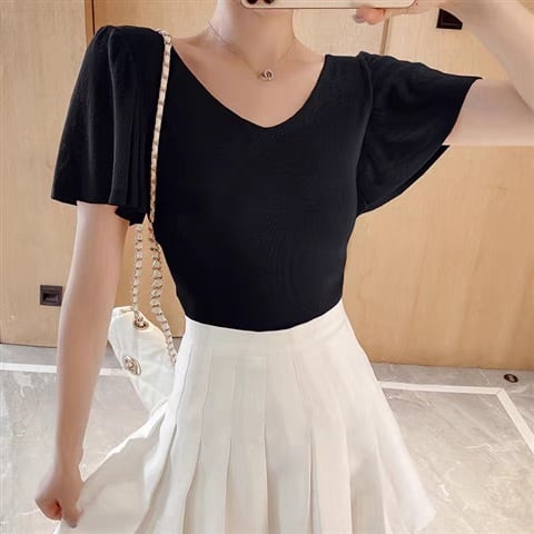 【tops】4色フレアスリーブニットＴシャツF7516