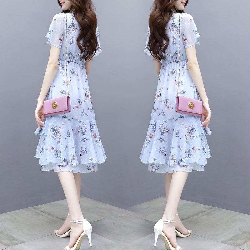 【dress】清新スウィート〜タイカラーフレアスリーブ韓国風ギャザー花柄ワンピースF0296