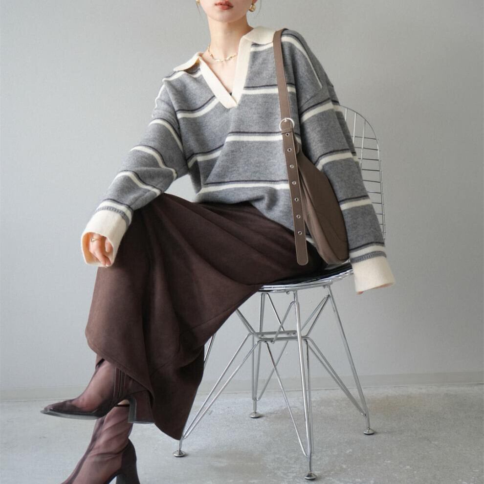 【tops】Ⅴネックボーダー柄ニットトップス N3430