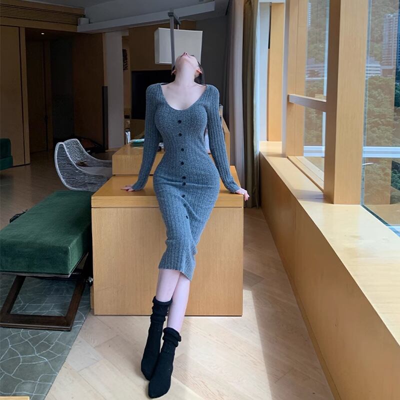 【dress】スクエアネックニットワンピース Q7184