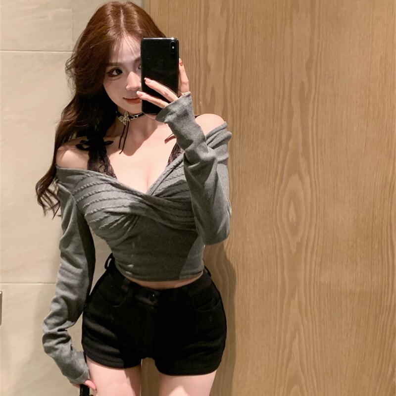 【tops】Vネックレース切り替えトップス　M27645