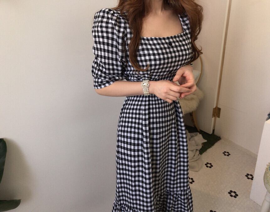 【dress】優しい雰囲気気質満点レトロスクエアネック着痩せ5分袖チェック柄ワンピース G1641