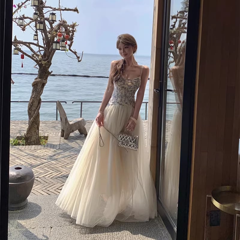 【dress】チュールドッキング花柄キャミワンピース Q8398