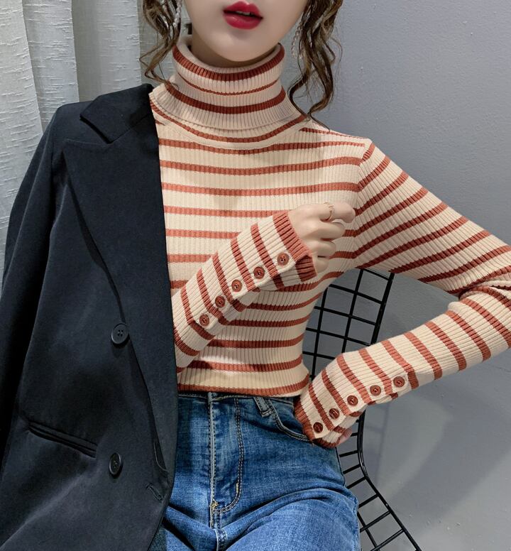 【tops】一目惚れ！4色ハイネック長袖体型カバーボーダー柄ファッションニットセーターF1046