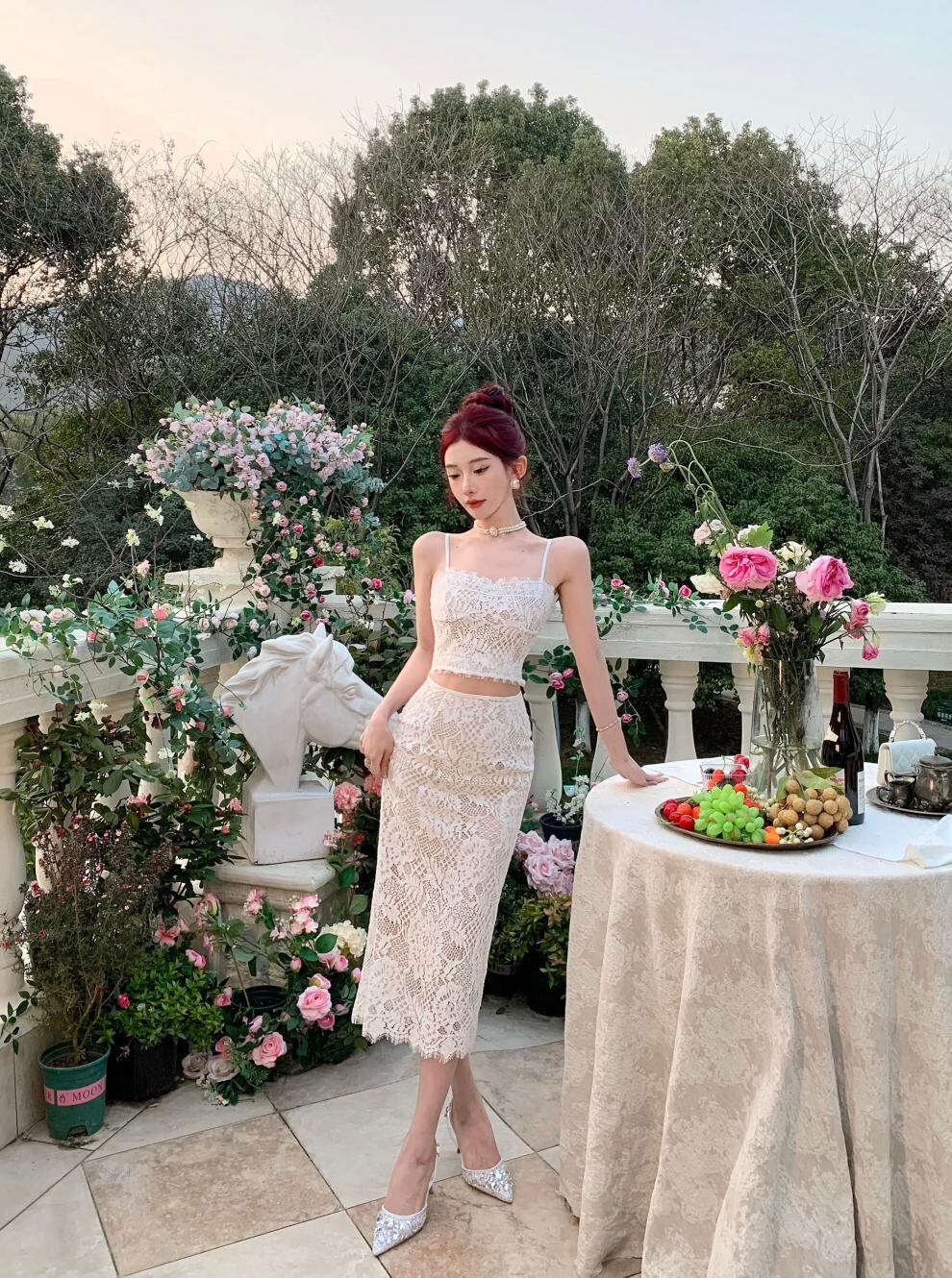 【set】不規則レーストップス+スカート２点セットG21119