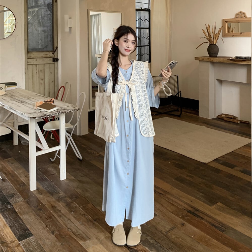 【set】レースカットワークベスト×シャツワンピースセット　M25318