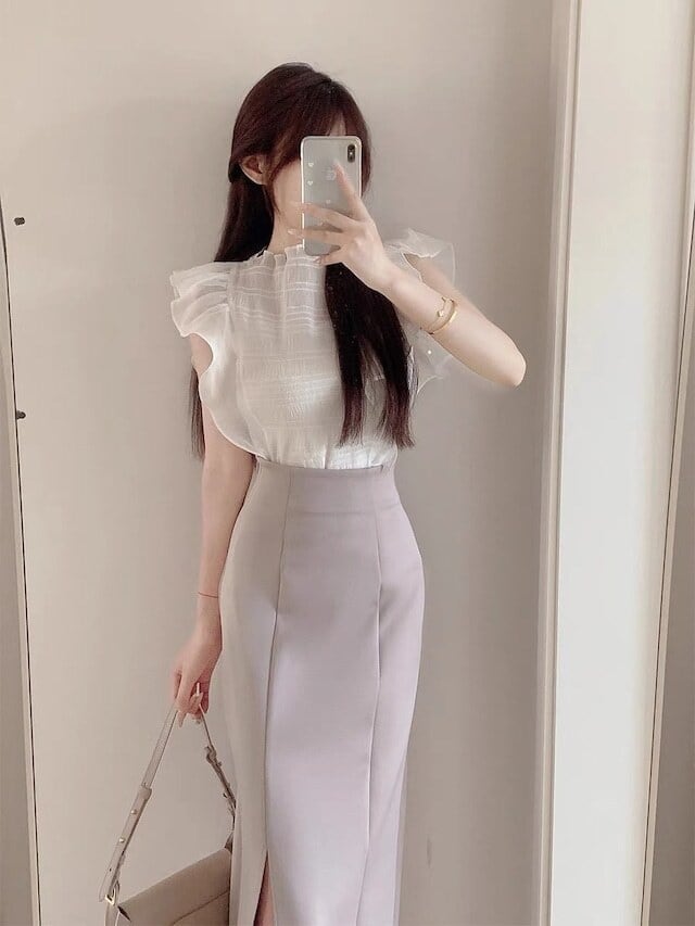 【set】フレンチスリーブトップス+スリットスカートセットF7163