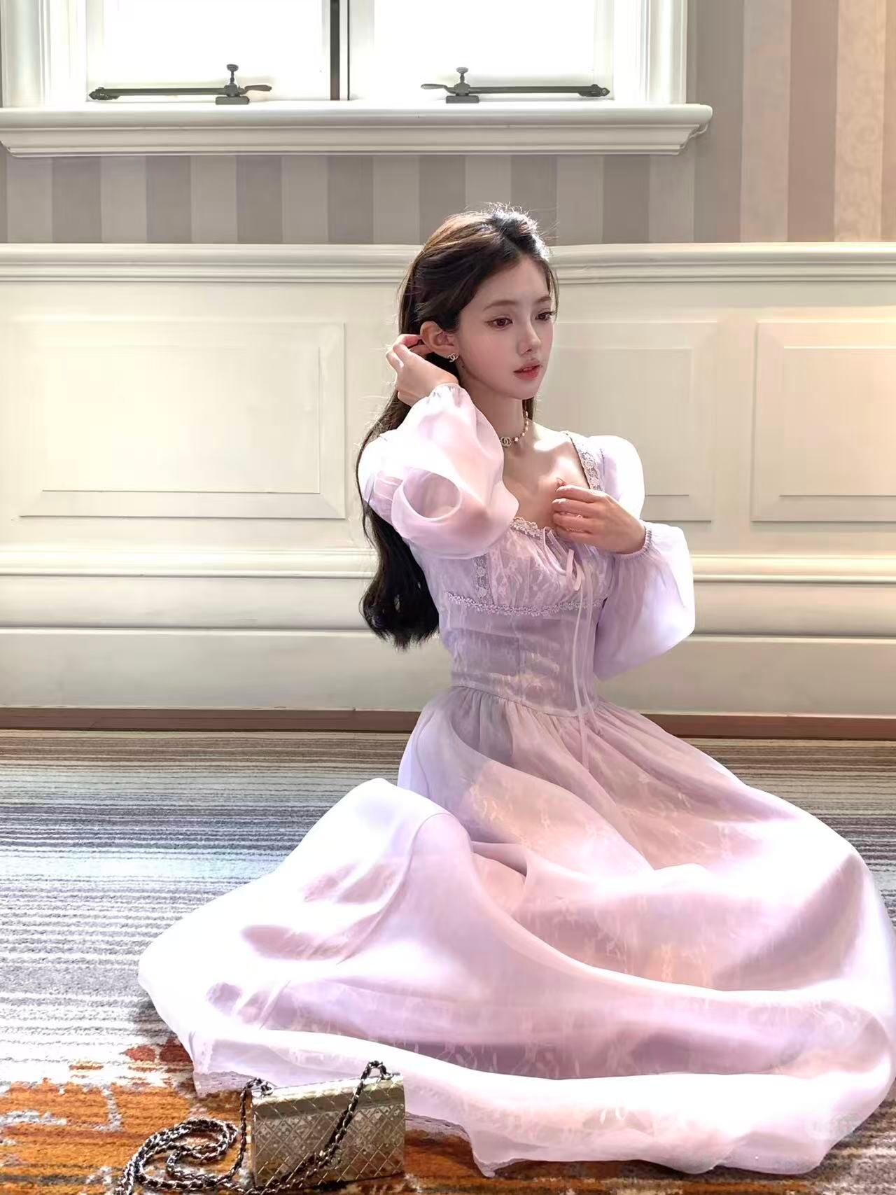 【dress】スクエアネックレースロングワンピース Q6388