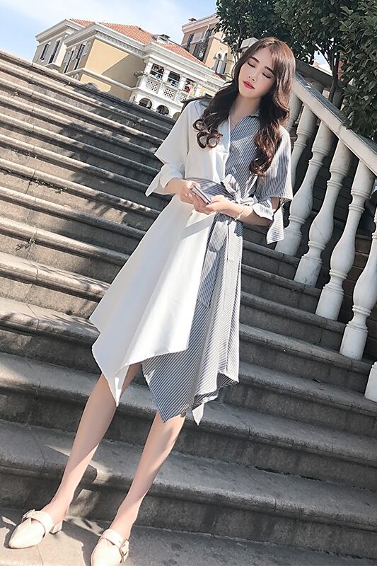 【dress】高級感不規則形気質満点Vネックストライプ柄着痩せシフォンワンピースF0030