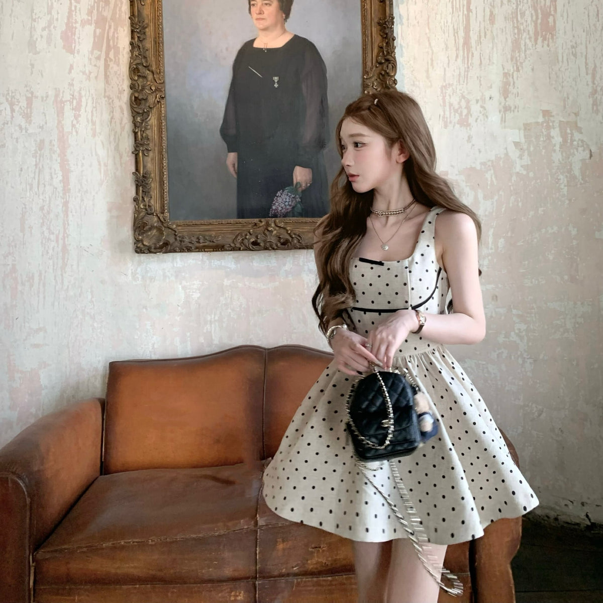 【dress】バックリボンドット柄ミニワンピース　M30198