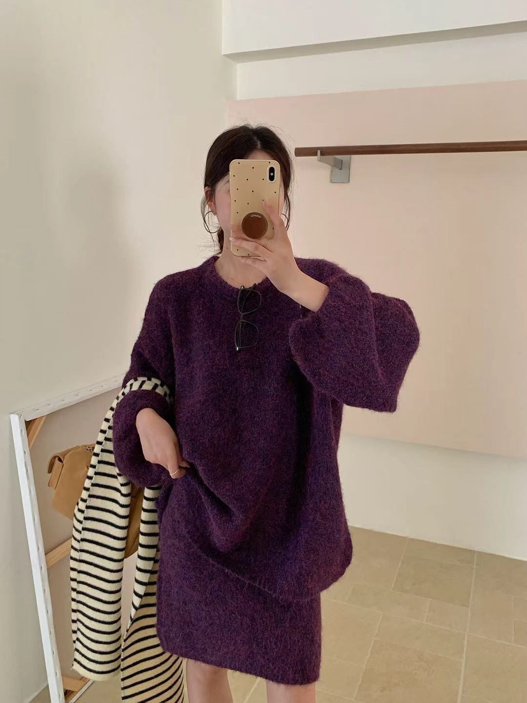 【set】ロングニットトップス×ストレートスカートセット Q7376