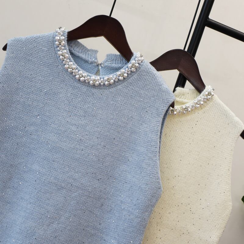 【dress】パール付きノースリーブニットワンピース Q7323